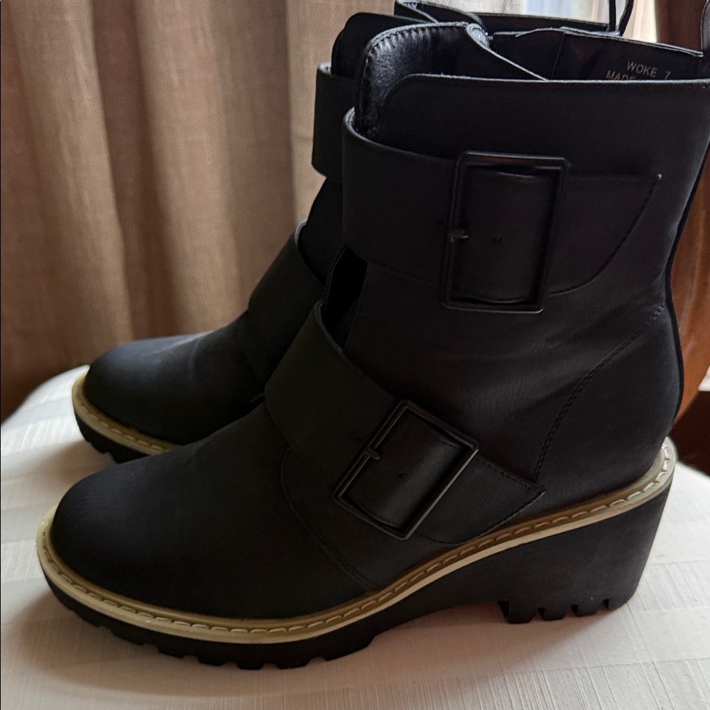 Corkys Black Wedge Heeled Boots with Strap Accents